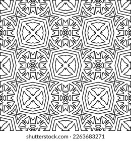  Monochrome ornamental texture with smooth linear shapes, zigzag lines, lace pattern.Abstract geometric black and white pattern for web page, textures, card, poster, fabric, textile.