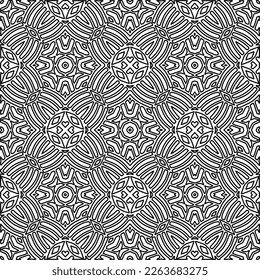  Monochrome ornamental texture with smooth linear shapes, zigzag lines, lace pattern.Abstract geometric black and white pattern for web page, textures, card, poster, fabric, textile.