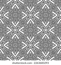 Monochrome ornamental texture with smooth linear shapes, zigzag lines, lace pattern.Abstract geometric black and white pattern for web page, textures, card, poster, fabric, textile.