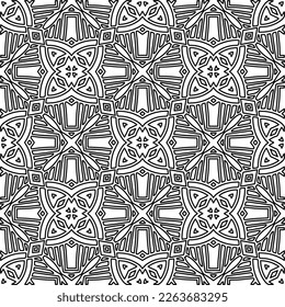  Monochrome ornamental texture with smooth linear shapes, zigzag lines, lace pattern.Abstract geometric black and white pattern for web page, textures, card, poster, fabric, textile.