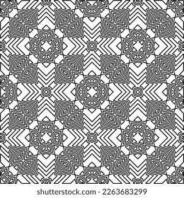 Monochrome ornamental texture with smooth linear shapes, zigzag lines, lace pattern.Abstract geometric black and white pattern for web page, textures, card, poster, fabric, textile.