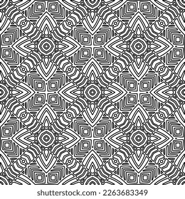  Monochrome ornamental texture with smooth linear shapes, zigzag lines, lace pattern.Abstract geometric black and white pattern for web page, textures, card, poster, fabric, textile.