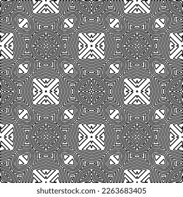 Monochrome ornamental texture with smooth linear shapes, zigzag lines, lace pattern.Abstract geometric black and white pattern for web page, textures, card, poster, fabric, textile.