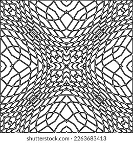  Monochrome Ziertextur mit glatten linearen Formen, Zickzacklinien, Spitzen-Muster.Abstraktes geometrisches Schwarz-Weiß Muster für Webseiten, Texturen, Karten, Poster, Gewebe, Textilien.