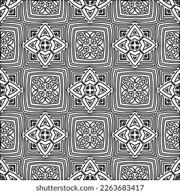 Monochrome Ziertextur mit glatten linearen Formen, Zickzacklinien, Spitzen-Muster.Abstraktes geometrisches Schwarz-Weiß Muster für Webseiten, Texturen, Karten, Poster, Gewebe, Textilien.