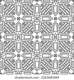  Monochrome ornamental texture with smooth linear shapes, zigzag lines, lace pattern.Abstract geometric black and white pattern for web page, textures, card, poster, fabric, textile.