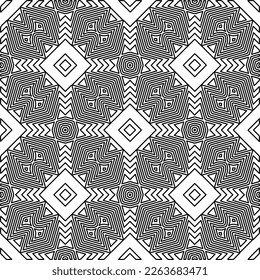 Textura ornamental monocroma con formas lineales lisas, líneas de zigzag, patrón de encaje.Resumen de patrón geométrico en blanco y negro para página web, texturas, tarjeta, afiche, tela, textil.