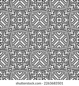  Monochrome ornamental texture with smooth linear shapes, zigzag lines, lace pattern.Abstract geometric black and white pattern for web page, textures, card, poster, fabric, textile.