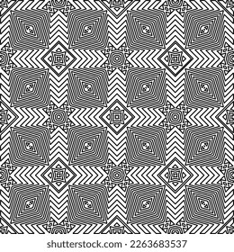 Monochrome ornamental texture with smooth linear shapes, zigzag lines, lace pattern.Abstract geometric black and white pattern for web page, textures, card, poster, fabric, textile.