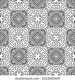  Monochrome ornamental texture with smooth linear shapes, zigzag lines, lace pattern.Abstract geometric black and white pattern for web page, textures, card, poster, fabric, textile.