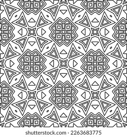  Monochrome ornamental texture with smooth linear shapes, zigzag lines, lace pattern.Abstract geometric black and white pattern for web page, textures, card, poster, fabric, textile.