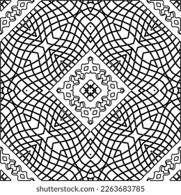  Monochrome ornamental texture with smooth linear shapes, zigzag lines, lace pattern.Abstract geometric black and white pattern for web page, textures, card, poster, fabric, textile.