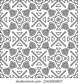  Monochrome Ziertextur mit glatten linearen Formen, Zickzacklinien, Spitzen-Muster.Abstraktes geometrisches Schwarz-Weiß Muster für Webseiten, Texturen, Karten, Poster, Gewebe, Textilien.