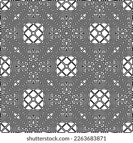 Monochrome ornamental texture with smooth linear shapes, zigzag lines, lace pattern.Abstract geometric black and white pattern for web page, textures, card, poster, fabric, textile.