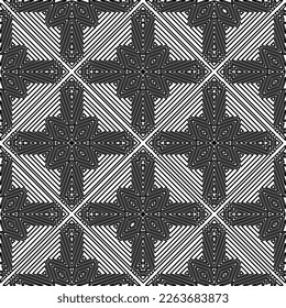 Textura ornamental monocroma con formas lineales lisas, líneas de zigzag, patrón de encaje.Resumen de patrón geométrico en blanco y negro para página web, texturas, tarjeta, afiche, tela, textil.