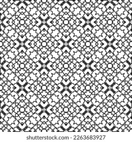 Textura ornamental monocroma con formas lineales lisas, líneas de zigzag, patrón de encaje.Resumen de patrón geométrico en blanco y negro para página web, texturas, tarjeta, afiche, tela, textil.