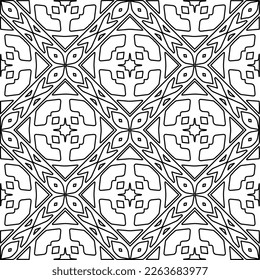  Monochrome ornamental texture with smooth linear shapes, zigzag lines, lace pattern.Abstract geometric black and white pattern for web page, textures, card, poster, fabric, textile.