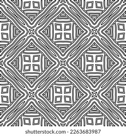  Monochrome ornamental texture with smooth linear shapes, zigzag lines, lace pattern.Abstract geometric black and white pattern for web page, textures, card, poster, fabric, textile.