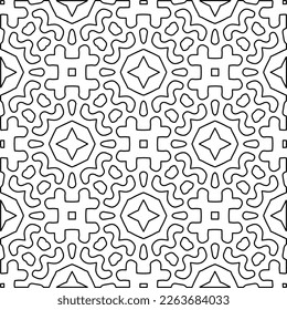 Textura ornamental monocroma con formas lineales lisas, líneas de zigzag, patrón de encaje.Resumen de patrón geométrico en blanco y negro para página web, texturas, tarjeta, afiche, tela, textil.
