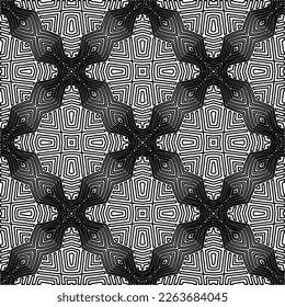  Monochrome ornamental texture with smooth linear shapes, zigzag lines, lace pattern.Abstract geometric black and white pattern for web page, textures, card, poster, fabric, textile.