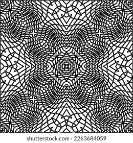  Monochrome Ziertextur mit glatten linearen Formen, Zickzacklinien, Spitzen-Muster.Abstraktes geometrisches Schwarz-Weiß Muster für Webseiten, Texturen, Karten, Poster, Gewebe, Textilien.