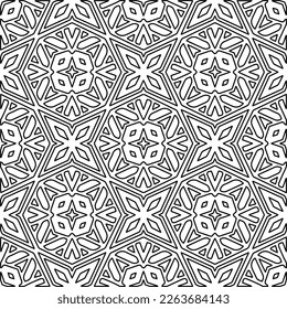  Monochrome ornamental texture with smooth linear shapes, zigzag lines, lace pattern.Abstract geometric black and white pattern for web page, textures, card, poster, fabric, textile.