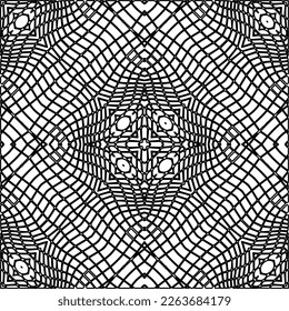  Monochrome ornamental texture with smooth linear shapes, zigzag lines, lace pattern.Abstract geometric black and white pattern for web page, textures, card, poster, fabric, textile.