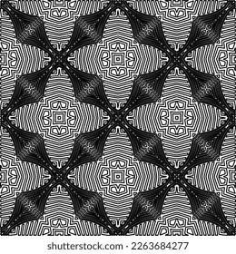  Monochrome ornamental texture with smooth linear shapes, zigzag lines, lace pattern.Abstract geometric black and white pattern for web page, textures, card, poster, fabric, textile.