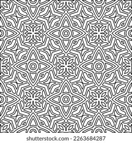  Monochrome ornamental texture with smooth linear shapes, zigzag lines, lace pattern.Abstract geometric black and white pattern for web page, textures, card, poster, fabric, textile.