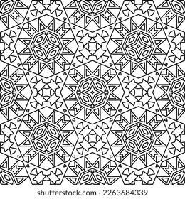  Monochrome ornamental texture with smooth linear shapes, zigzag lines, lace pattern.Abstract geometric black and white pattern for web page, textures, card, poster, fabric, textile.
