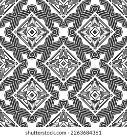 Monochrome ornamental texture with smooth linear shapes, zigzag lines, lace pattern.Abstract geometric black and white pattern for web page, textures, card, poster, fabric, textile.