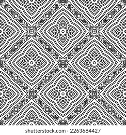  Monochrome Ziertextur mit glatten linearen Formen, Zickzacklinien, Spitzen-Muster.Abstraktes geometrisches Schwarz-Weiß Muster für Webseiten, Texturen, Karten, Poster, Gewebe, Textilien.