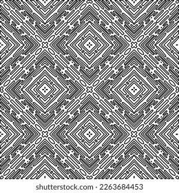 Monochrome Ziertextur mit glatten linearen Formen, Zickzacklinien, Spitzen-Muster.Abstraktes geometrisches Schwarz-Weiß Muster für Webseiten, Texturen, Karten, Poster, Gewebe, Textilien.