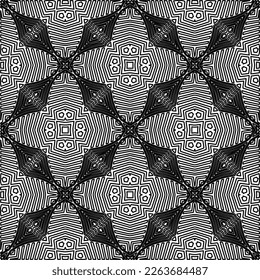  Monochrome ornamental texture with smooth linear shapes, zigzag lines, lace pattern.Abstract geometric black and white pattern for web page, textures, card, poster, fabric, textile.