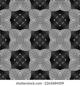  Monochrome ornamental texture with smooth linear shapes, zigzag lines, lace pattern.Abstract geometric black and white pattern for web page, textures, card, poster, fabric, textile.
