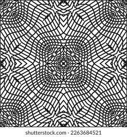 Monochrome ornamental texture with smooth linear shapes, zigzag lines, lace pattern.Abstract geometric black and white pattern for web page, textures, card, poster, fabric, textile.