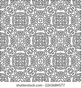  Monochrome ornamental texture with smooth linear shapes, zigzag lines, lace pattern.Abstract geometric black and white pattern for web page, textures, card, poster, fabric, textile.