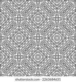  Monochrome Ziertextur mit glatten linearen Formen, Zickzacklinien, Spitzen-Muster.Abstraktes geometrisches Schwarz-Weiß Muster für Webseiten, Texturen, Karten, Poster, Gewebe, Textilien.