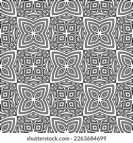  Monochrome ornamental texture with smooth linear shapes, zigzag lines, lace pattern.Abstract geometric black and white pattern for web page, textures, card, poster, fabric, textile.