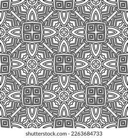  Monochrome ornamental texture with smooth linear shapes, zigzag lines, lace pattern.Abstract geometric black and white pattern for web page, textures, card, poster, fabric, textile.