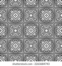  Monochrome ornamental texture with smooth linear shapes, zigzag lines, lace pattern.Abstract geometric black and white pattern for web page, textures, card, poster, fabric, textile.