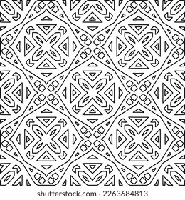  Monochrome ornamental texture with smooth linear shapes, zigzag lines, lace pattern.Abstract geometric black and white pattern for web page, textures, card, poster, fabric, textile.