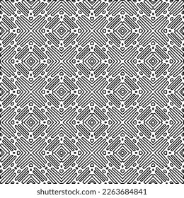 Monochrome Ziertextur mit glatten linearen Formen, Zickzacklinien, Spitzen-Muster.Abstraktes geometrisches Schwarz-Weiß Muster für Webseiten, Texturen, Karten, Poster, Gewebe, Textilien.