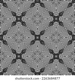  Monochrome ornamental texture with smooth linear shapes, zigzag lines, lace pattern.Abstract geometric black and white pattern for web page, textures, card, poster, fabric, textile.