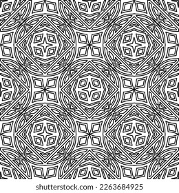  Monochrome ornamental texture with smooth linear shapes, zigzag lines, lace pattern.Abstract geometric black and white pattern for web page, textures, card, poster, fabric, textile.