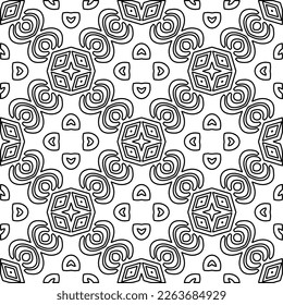 Monochrome ornamental texture with smooth linear shapes, zigzag lines, lace pattern.Abstract geometric black and white pattern for web page, textures, card, poster, fabric, textile.