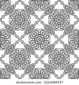 Monochrome ornamental texture with smooth linear shapes, zigzag lines, lace pattern.Abstract geometric black and white pattern for web page, textures, card, poster, fabric, textile.