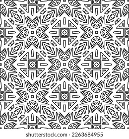  Monochrome ornamental texture with smooth linear shapes, zigzag lines, lace pattern.Abstract geometric black and white pattern for web page, textures, card, poster, fabric, textile.