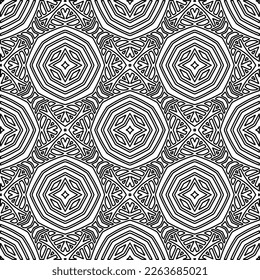  Monochrome ornamental texture with smooth linear shapes, zigzag lines, lace pattern.Abstract geometric black and white pattern for web page, textures, card, poster, fabric, textile.