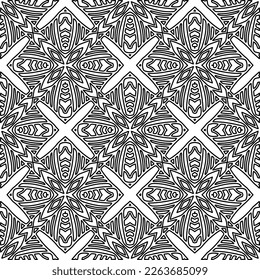  Monochrome ornamental texture with smooth linear shapes, zigzag lines, lace pattern.Abstract geometric black and white pattern for web page, textures, card, poster, fabric, textile.